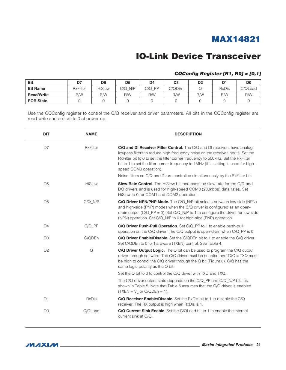 Cqconfig register [r1, r0] = [0,1 | Rainbow Electronics MAX14821 User Manual | Page 21 / 29