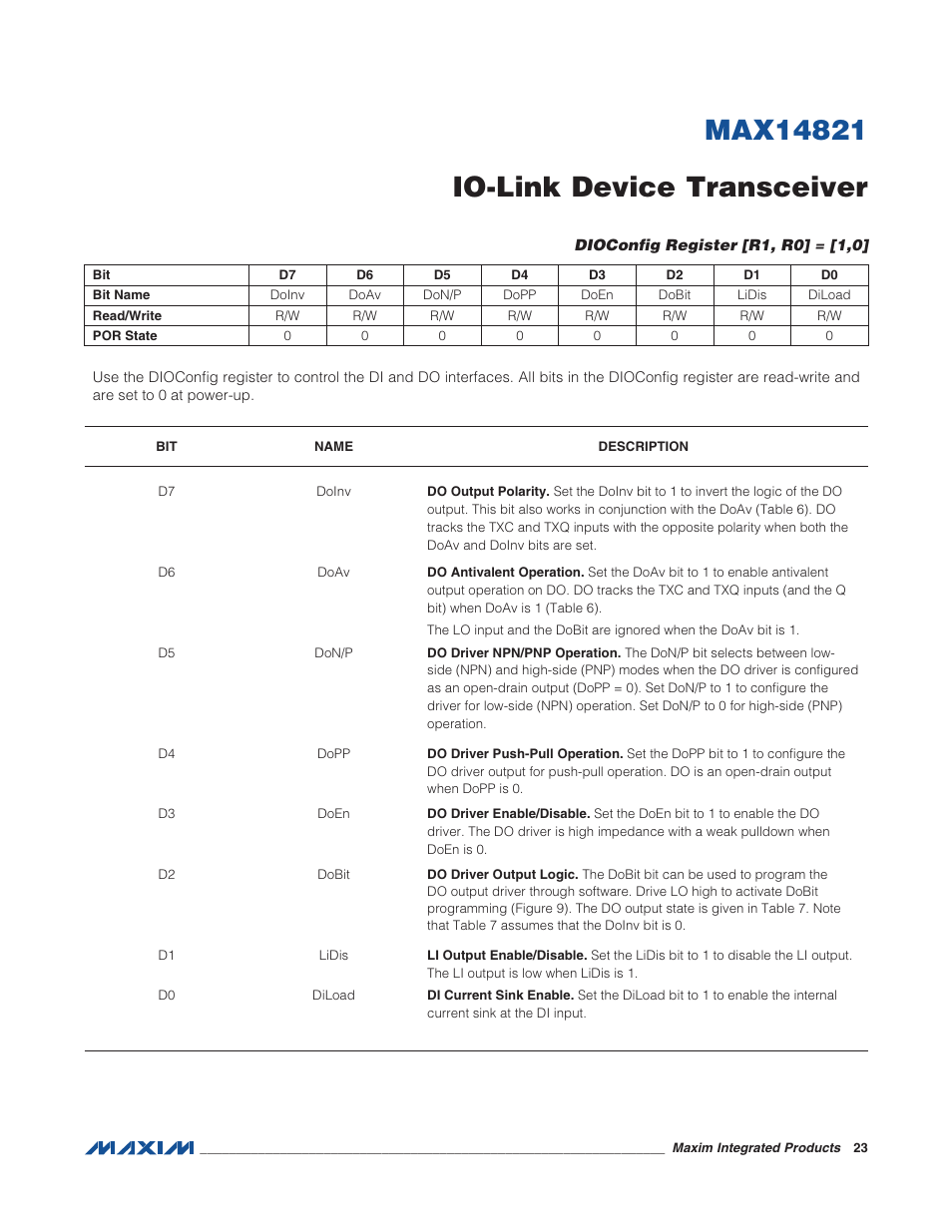 Dioconfig register [r1, r0] = [1,0 | Rainbow Electronics MAX14821 User Manual | Page 23 / 29