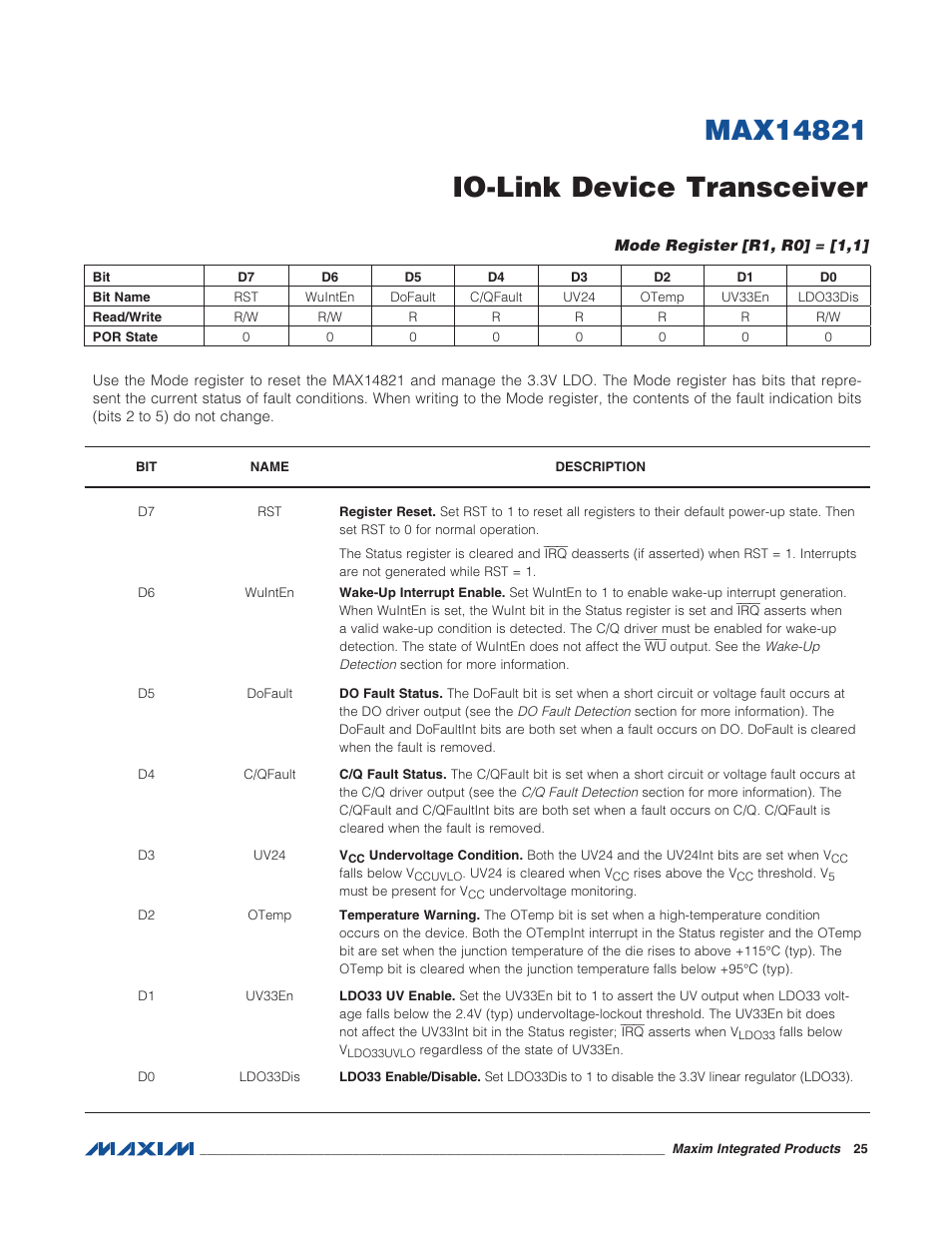 Mode register [r1, r0] = [1,1 | Rainbow Electronics MAX14821 User Manual | Page 25 / 29