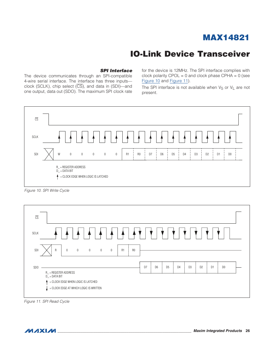 Spi interface, Figure 10. spi write cycle, Figure 11. spi read cycle | Rainbow Electronics MAX14821 User Manual | Page 26 / 29