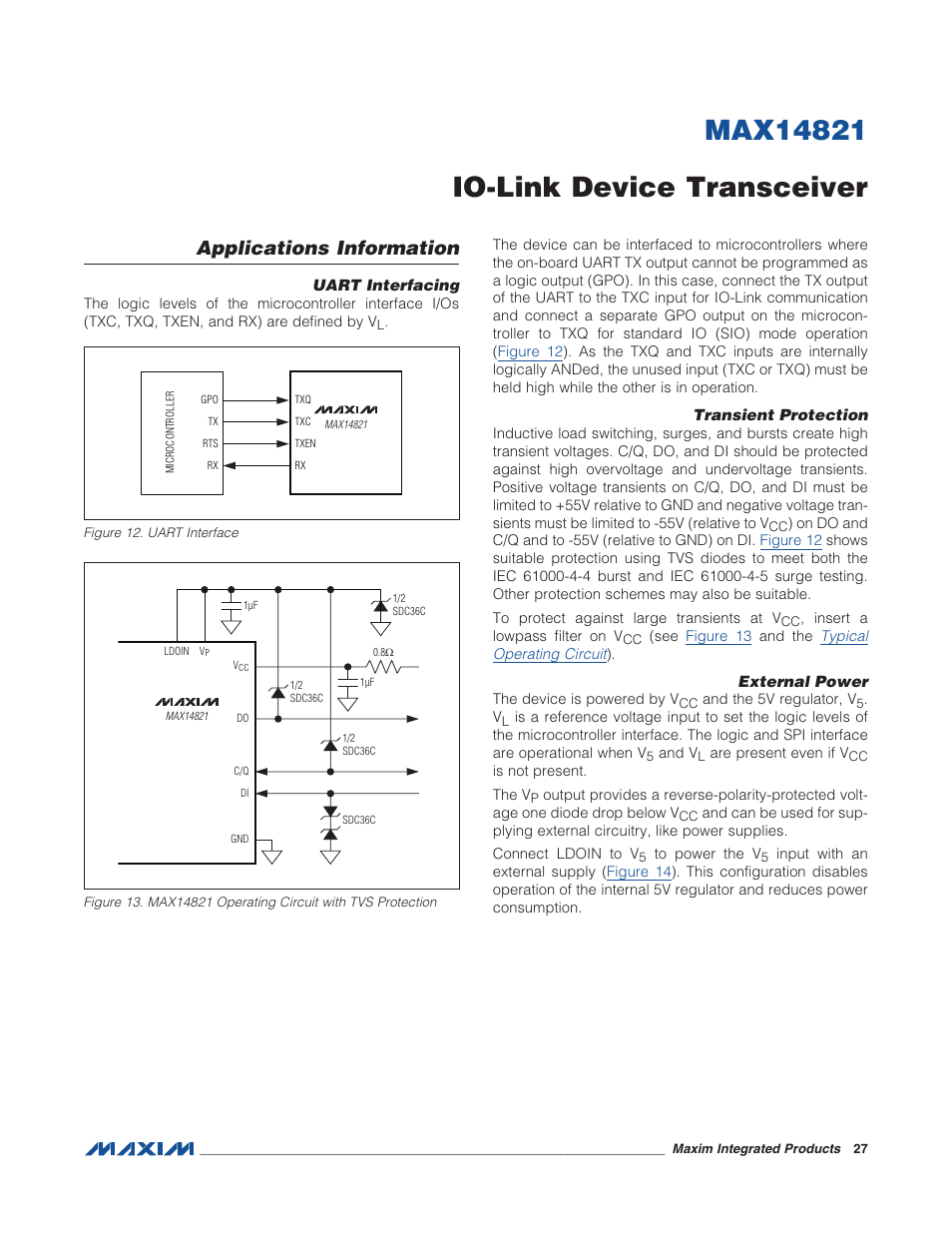 Applications information, Uart interfacing, Transient protection | External power, Figure 12. uart interface | Rainbow Electronics MAX14821 User Manual | Page 27 / 29