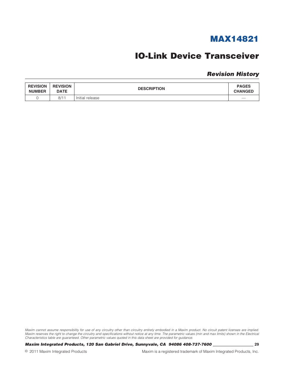 Revision history | Rainbow Electronics MAX14821 User Manual | Page 29 / 29