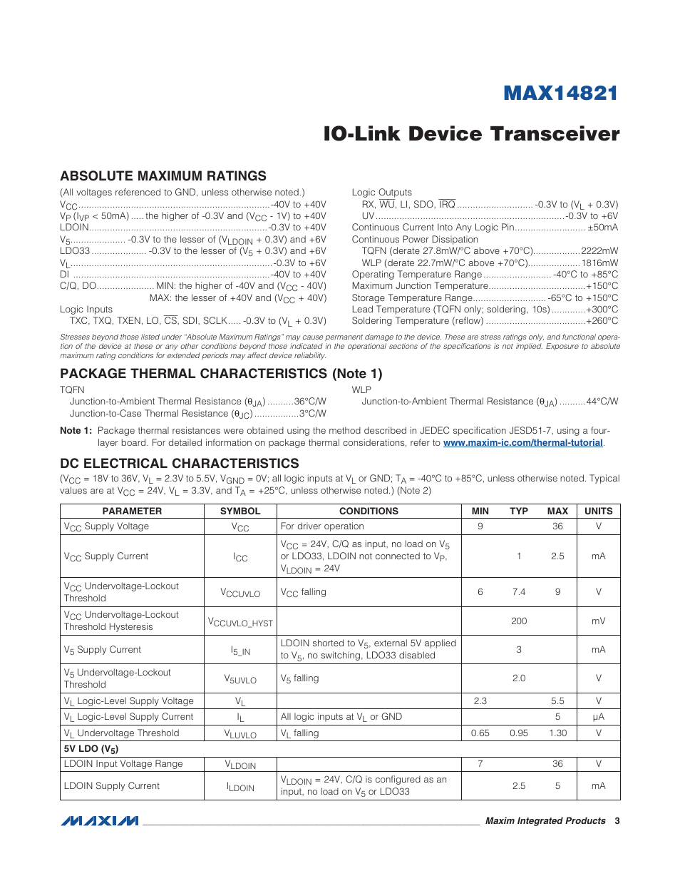 Absolute maximum ratings, Package thermal characteristics, Dc electrical characteristics | Rainbow Electronics MAX14821 User Manual | Page 3 / 29