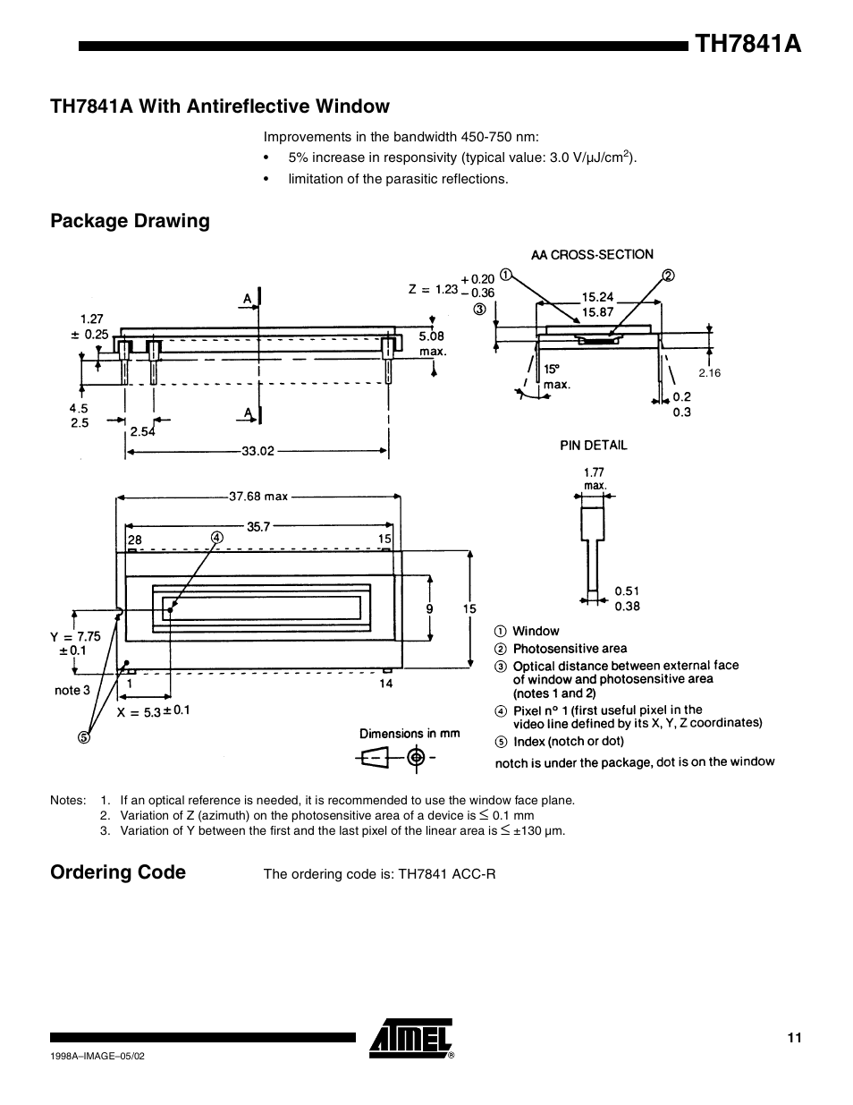 Th7841a with antireflective window, Package drawing, Ordering code | Th7841a | Rainbow Electronics TH7841A User Manual | Page 11 / 12