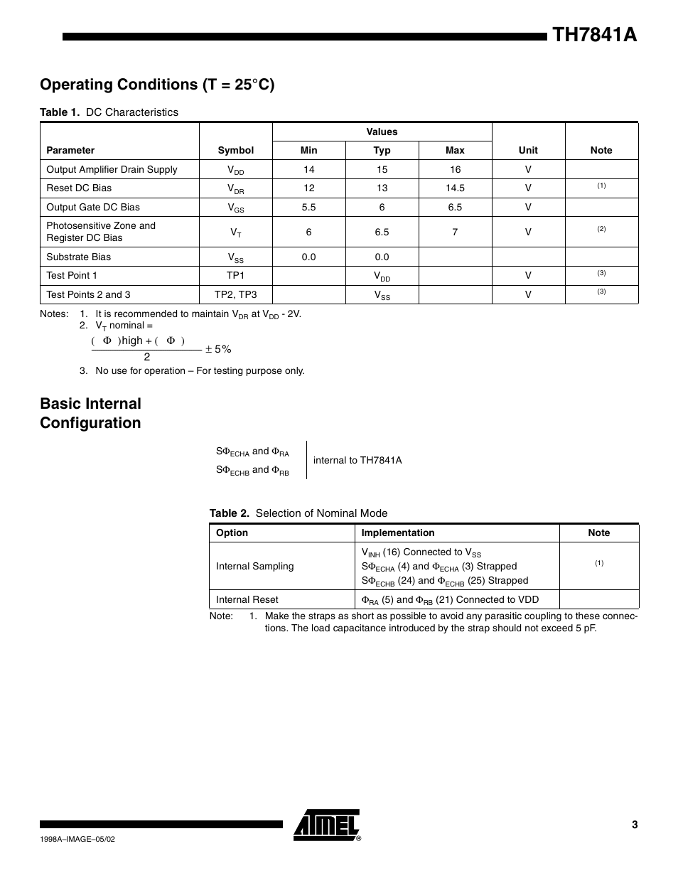 Operating conditions (t = 25˚c), Basic internal configuration, Th7841a | Operating conditions (t = 25°c) | Rainbow Electronics TH7841A User Manual | Page 3 / 12