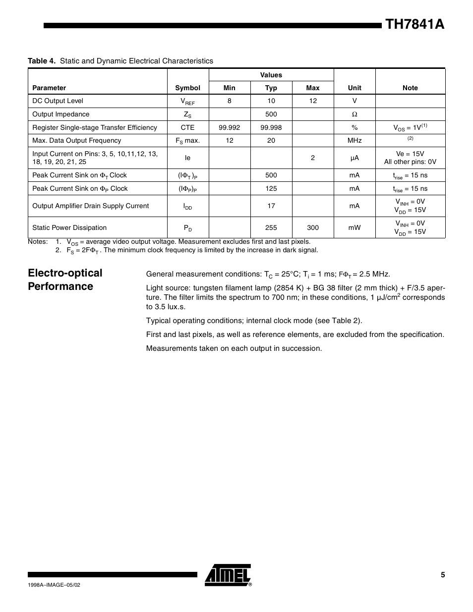 Electro-optical performance, Th7841a | Rainbow Electronics TH7841A User Manual | Page 5 / 12