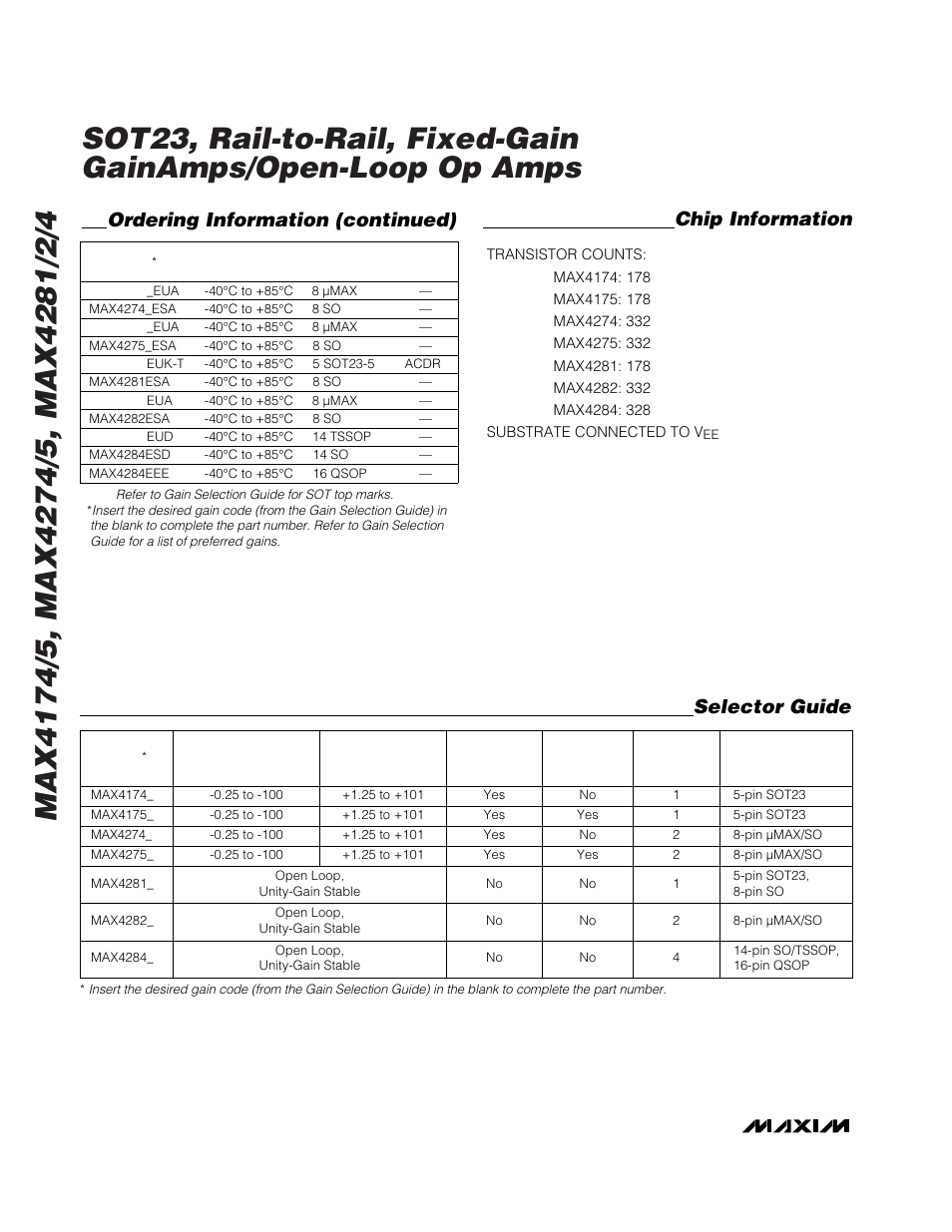 Ordering information (continued), Selector guide, Chip information | Rainbow Electronics MAX4284 User Manual | Page 18 / 20