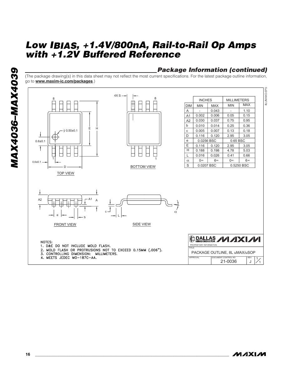 Bias, Package information (continued) | Rainbow Electronics MAX4039 User Manual | Page 16 / 18