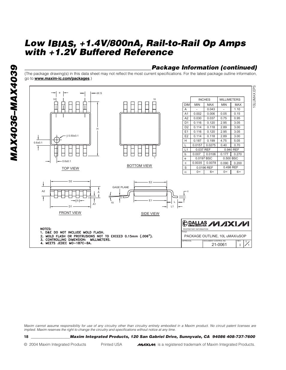 Bias, Package information (continued) | Rainbow Electronics MAX4039 User Manual | Page 18 / 18