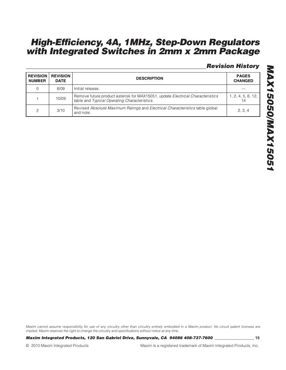 Revision history | Rainbow Electronics MAX15051 User Manual | Page 15 / 15