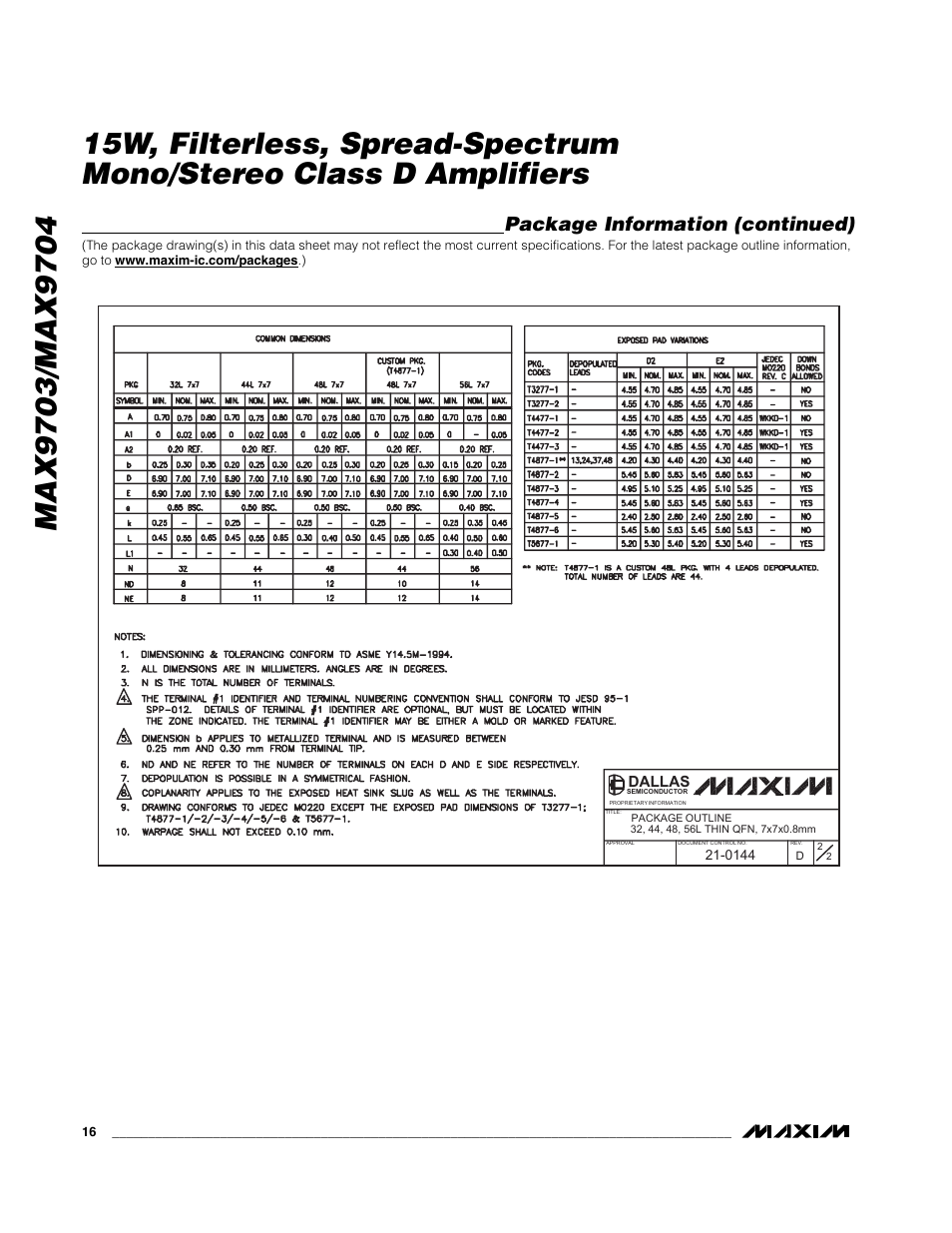 Package information (continued) | Rainbow Electronics MAX9704 User Manual | Page 16 / 18