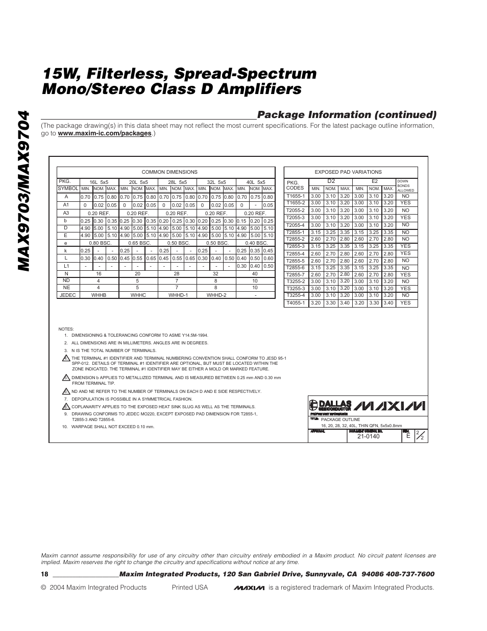 Package information (continued) | Rainbow Electronics MAX9704 User Manual | Page 18 / 18