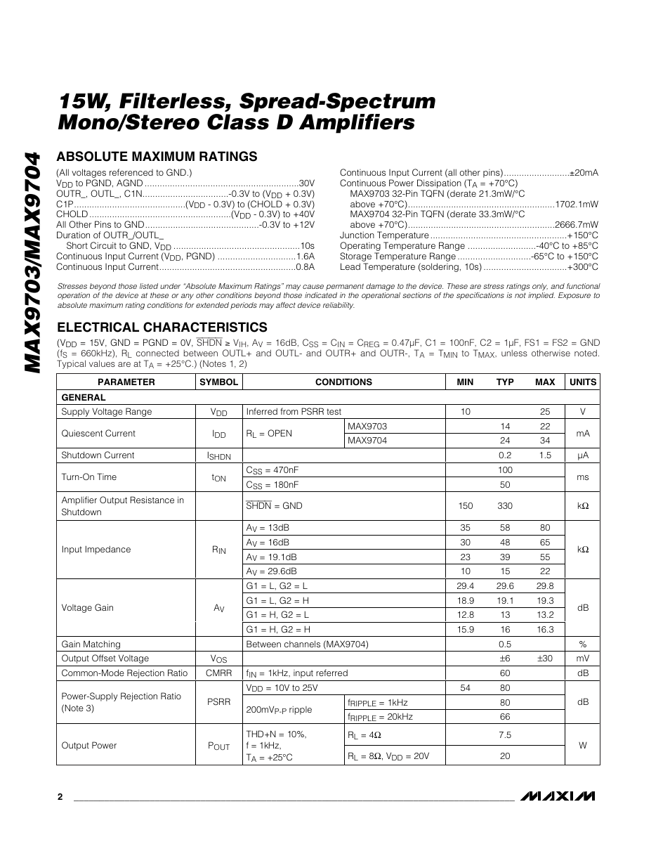 Absolute maximum ratings, Electrical characteristics | Rainbow Electronics MAX9704 User Manual | Page 2 / 18