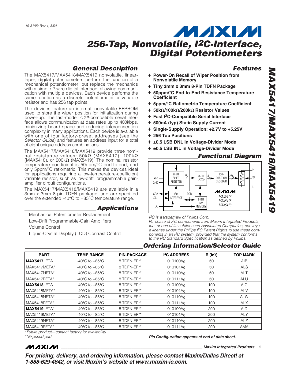 Rainbow Electronics MAX5419 User Manual | 14 pages