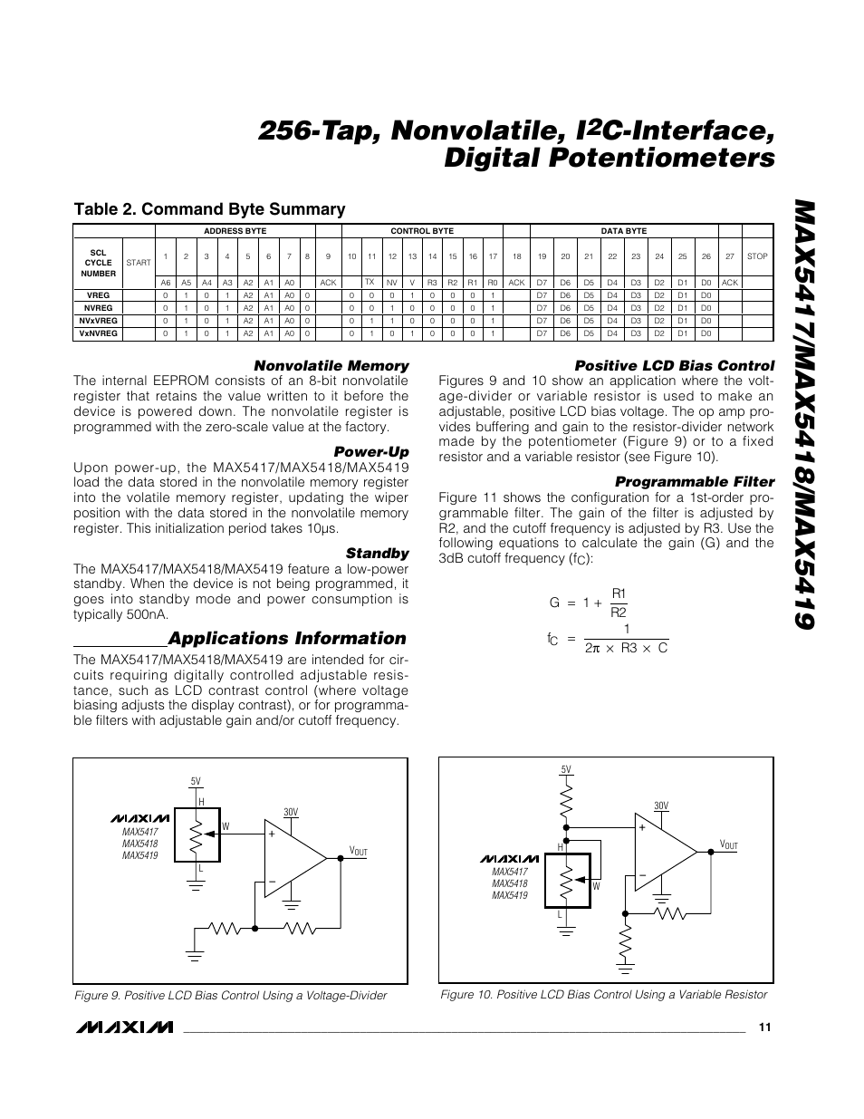 C-interface, digital potentiometers, Applications information, Table 2. command byte summary | Power-up, Standby, Positive lcd bias control, Programmable filter | Rainbow Electronics MAX5419 User Manual | Page 11 / 14