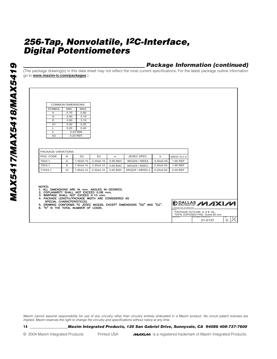 C-interface, digital potentiometers, Package information (continued) | Rainbow Electronics MAX5419 User Manual | Page 14 / 14