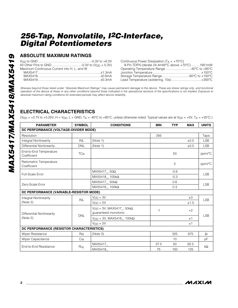 C-interface, digital potentiometers | Rainbow Electronics MAX5419 User Manual | Page 2 / 14