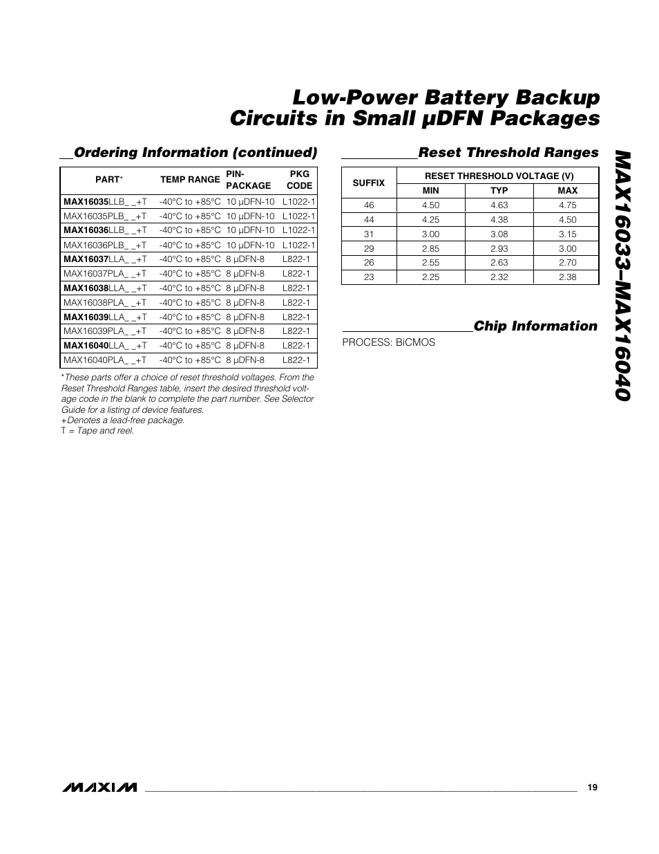 Chip information, Ordering information (continued), Reset threshold ranges | Rainbow Electronics MAX16040 User Manual | Page 19 / 21