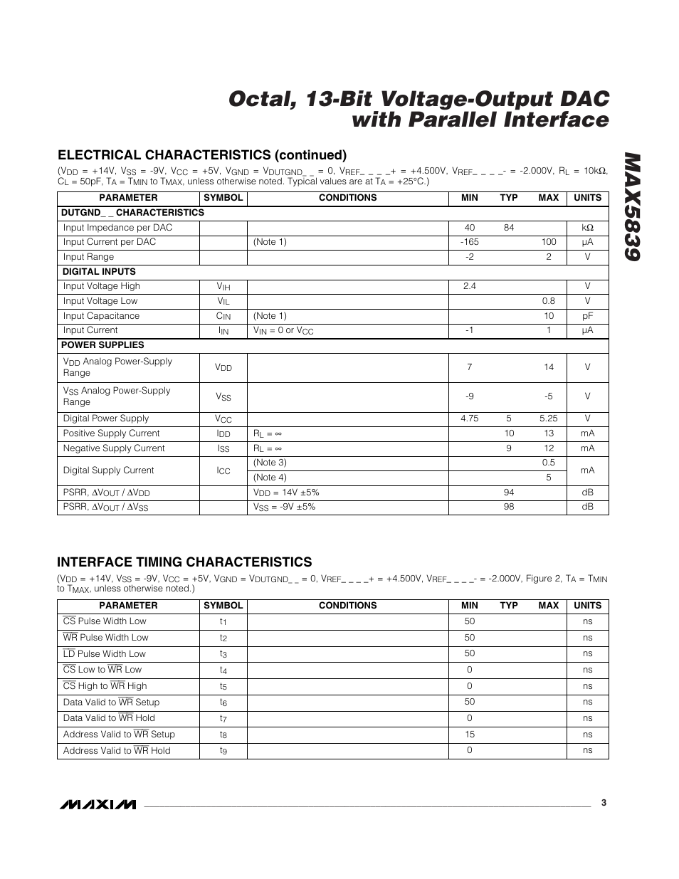 Electrical characteristics (continued), Interface timing characteristics | Rainbow Electronics MAX5839 User Manual | Page 3 / 16