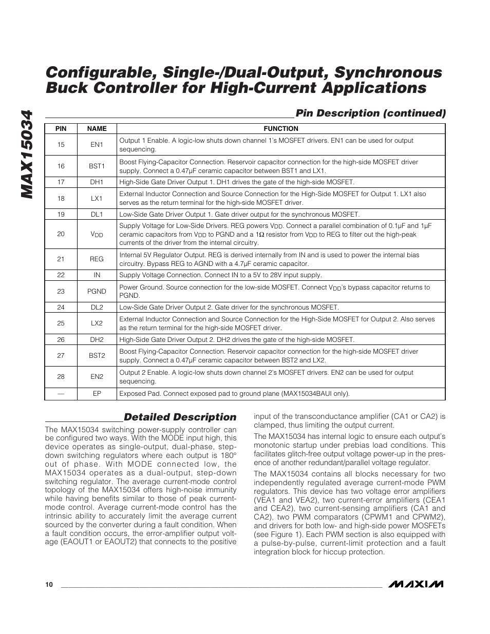 Detailed description, Pin description (continued) | Rainbow Electronics MAX15034 User Manual | Page 10 / 25