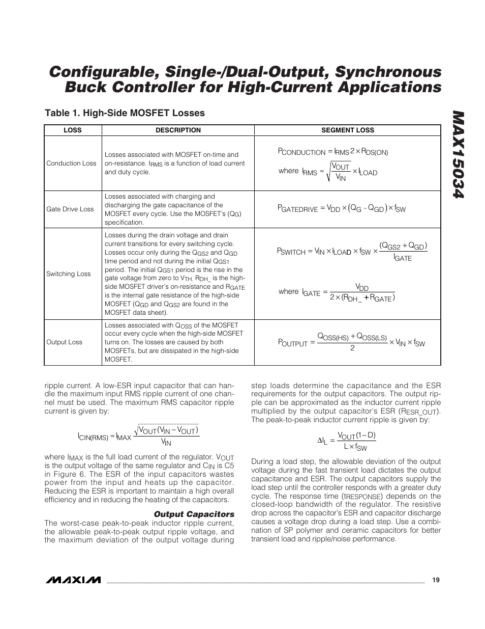 Table 1. high-side mosfet losses | Rainbow Electronics MAX15034 User Manual | Page 19 / 25