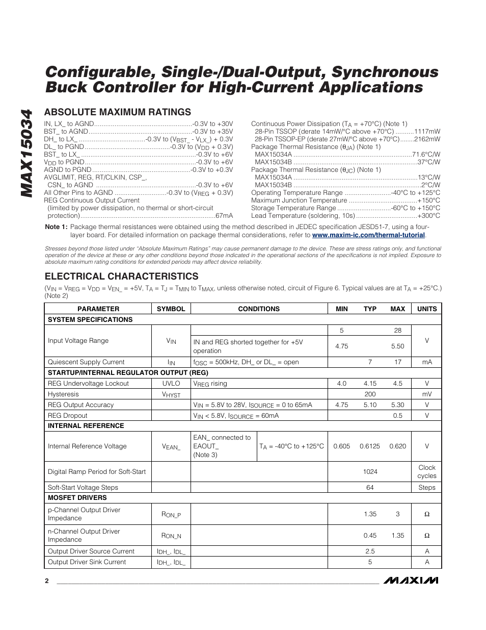 Absolute maximum ratings, Electrical characteristics | Rainbow Electronics MAX15034 User Manual | Page 2 / 25