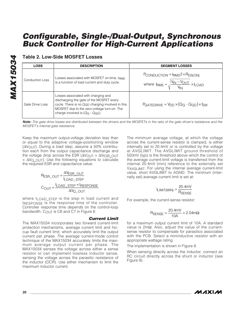Table 2. low-side mosfet losses | Rainbow Electronics MAX15034 User Manual | Page 20 / 25