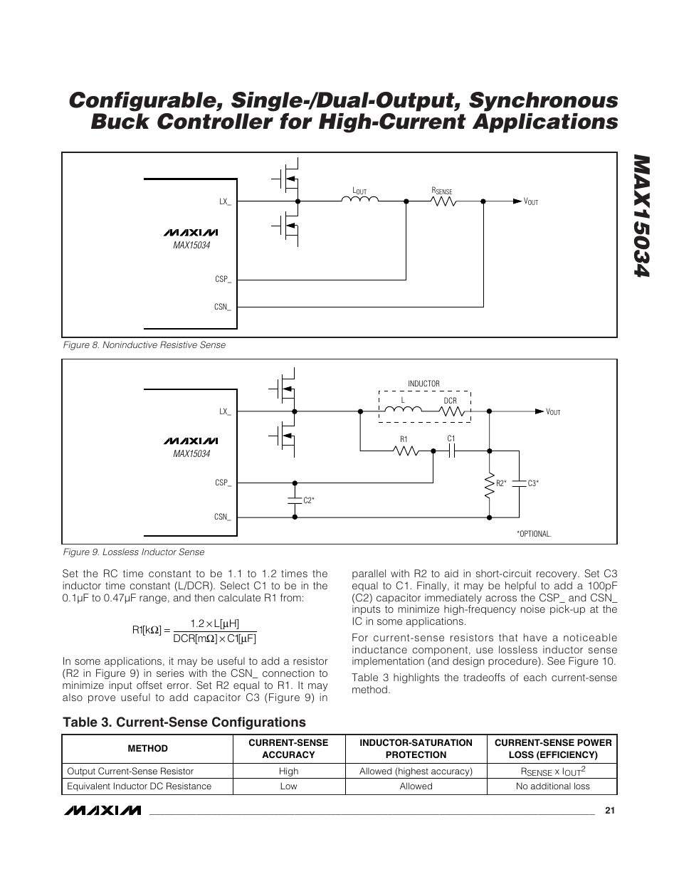Table 3. current-sense configurations | Rainbow Electronics MAX15034 User Manual | Page 21 / 25