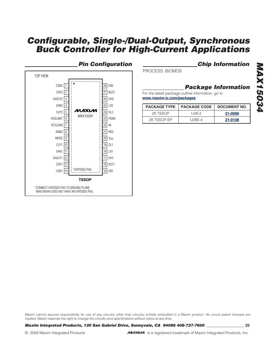 Package information, Pin configuration chip information | Rainbow Electronics MAX15034 User Manual | Page 25 / 25