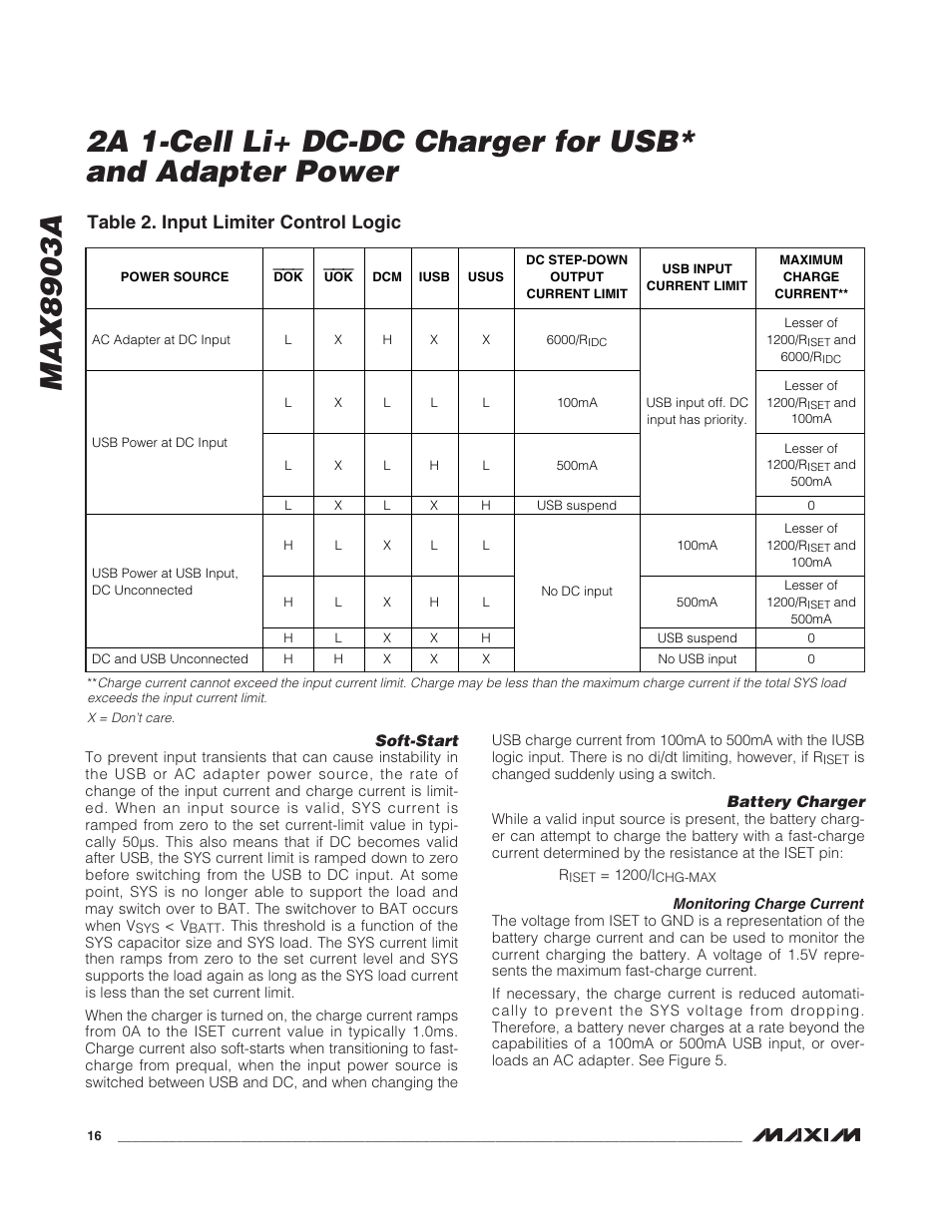 Table 2. input limiter control logic | Rainbow Electronics MAX8903A User Manual | Page 16 / 20