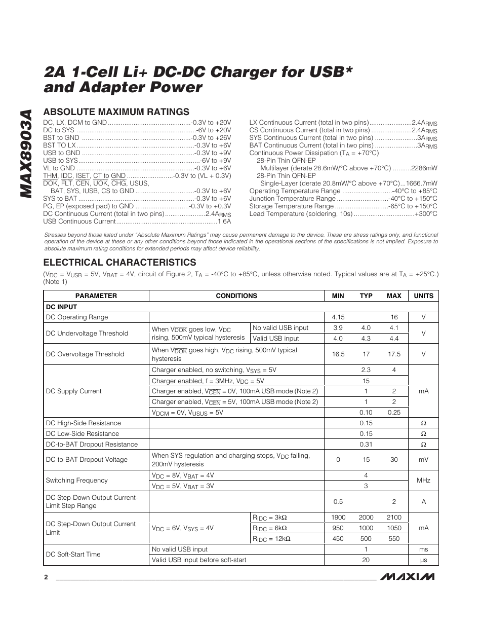 Electrical characteristics, Absolute maximum ratings | Rainbow Electronics MAX8903A User Manual | Page 2 / 20