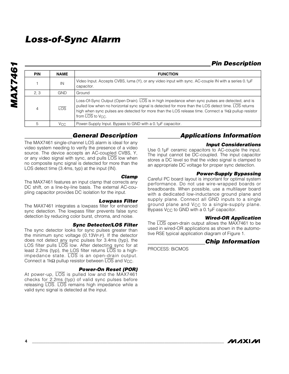 Max7461, Loss-of-sync alarm, General description | Applications information, Chip information, Pin description | Rainbow Electronics MAX7461 User Manual | Page 4 / 7