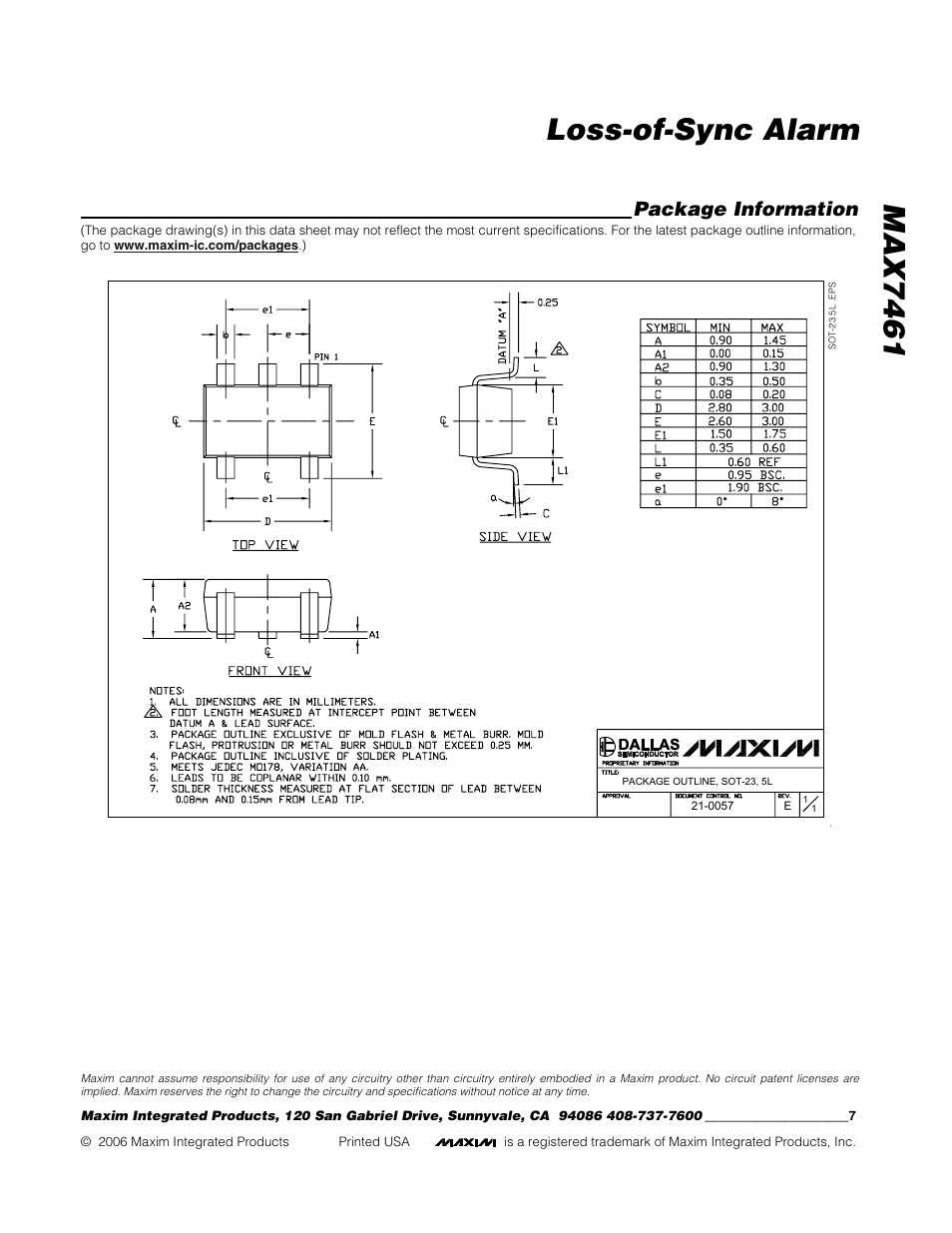 Max7461 loss-of-sync alarm, Package information | Rainbow Electronics MAX7461 User Manual | Page 7 / 7
