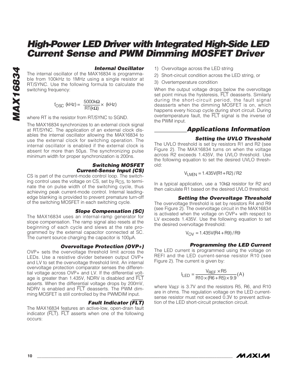 Applications information | Rainbow Electronics MAX16834 User Manual | Page 10 / 22