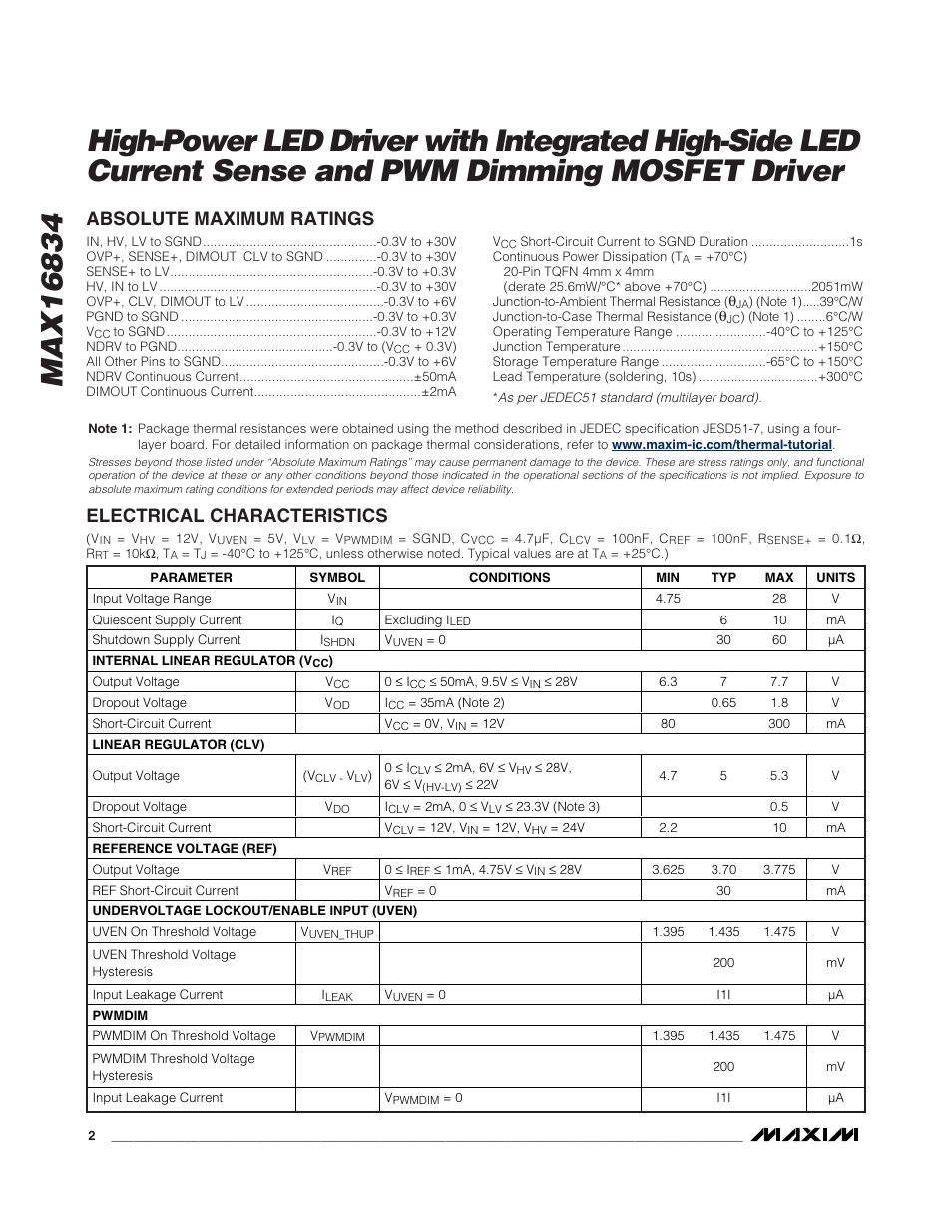 Rainbow Electronics MAX16834 User Manual | Page 2 / 22