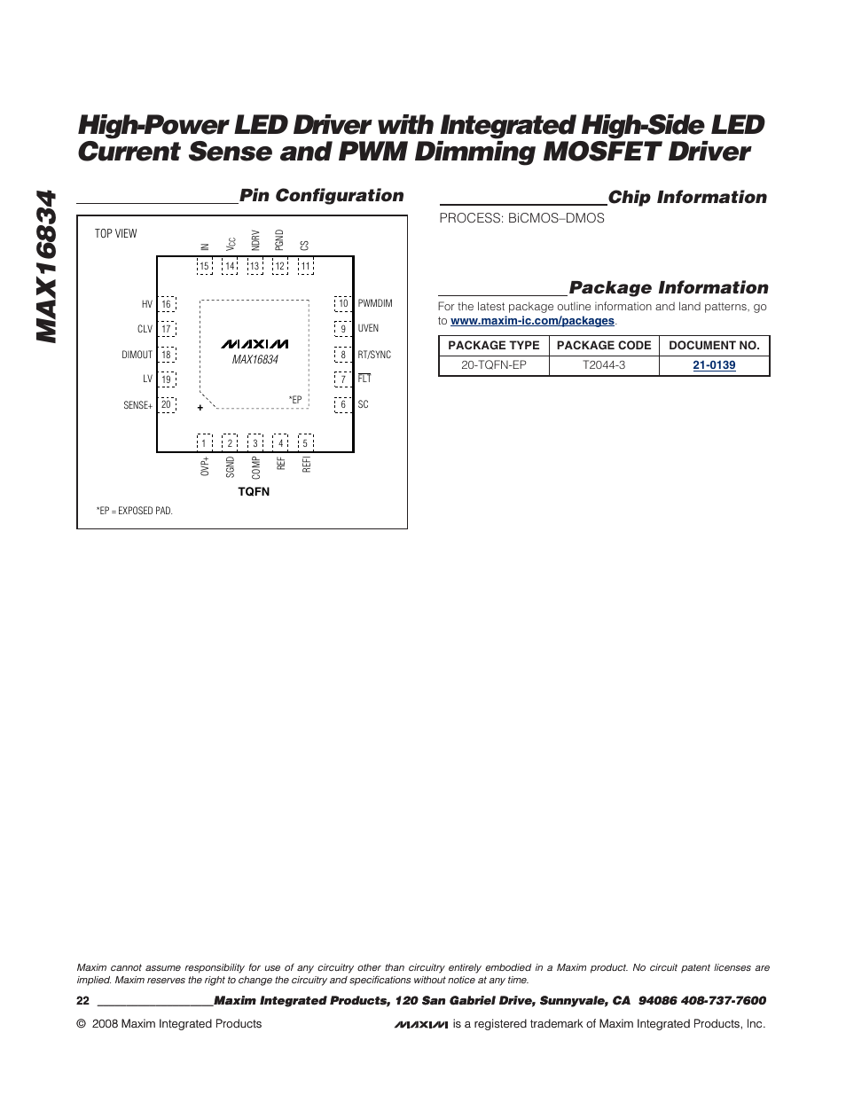 Package information, Pin configuration chip information | Rainbow Electronics MAX16834 User Manual | Page 22 / 22