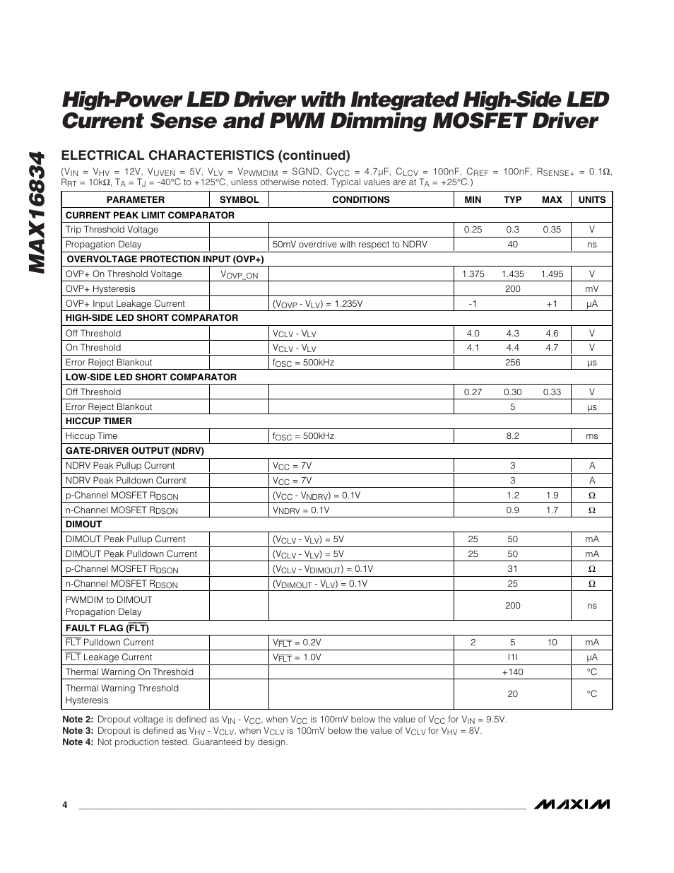 Electrical characteristics (continued) | Rainbow Electronics MAX16834 User Manual | Page 4 / 22