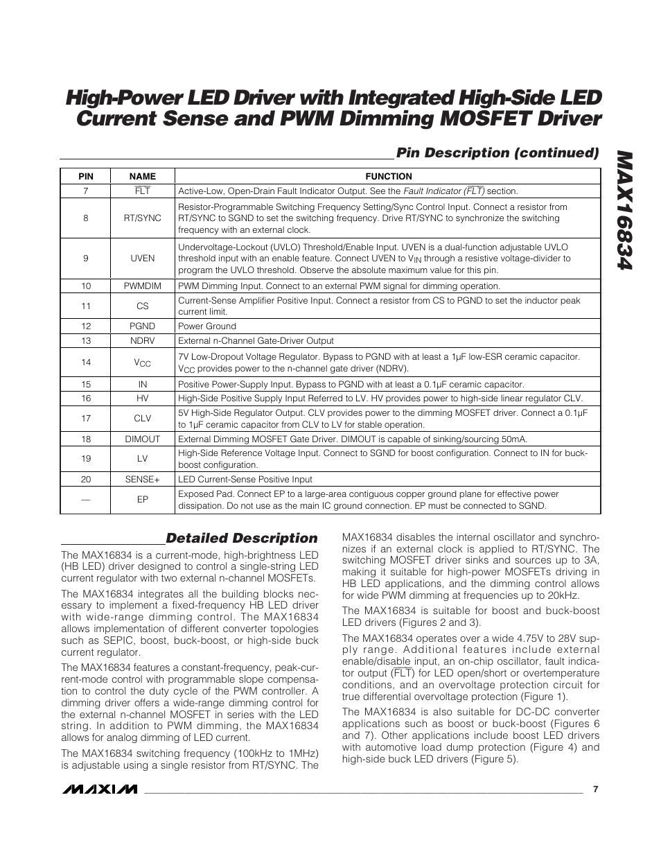 Pin description (continued), Detailed description | Rainbow Electronics MAX16834 User Manual | Page 7 / 22