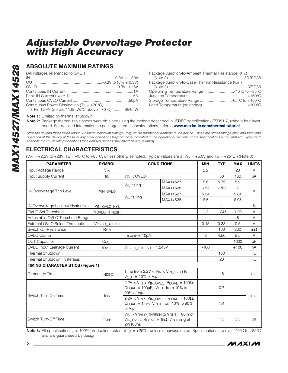 Absolute maximum ratings, Electrical characteristics | Rainbow Electronics MAX14528 User Manual | Page 2 / 7