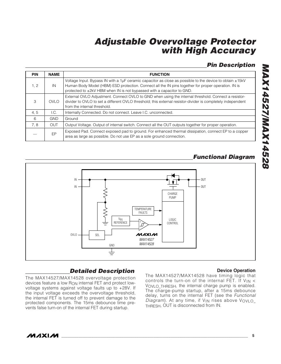 Detailed description, Pin description functional diagram | Rainbow Electronics MAX14528 User Manual | Page 5 / 7