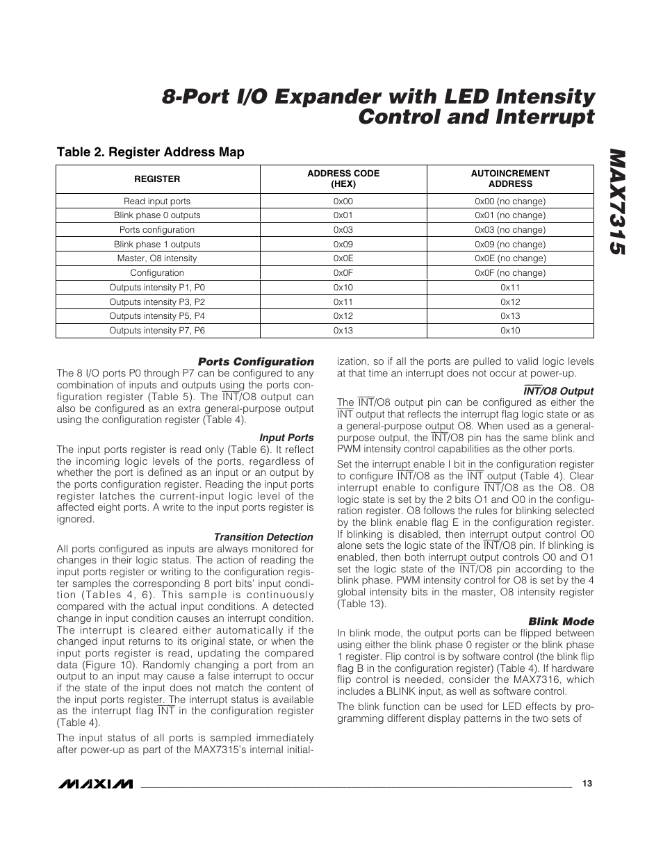 Table 2. register address map | Rainbow Electronics MAX7315 User Manual | Page 13 / 27
