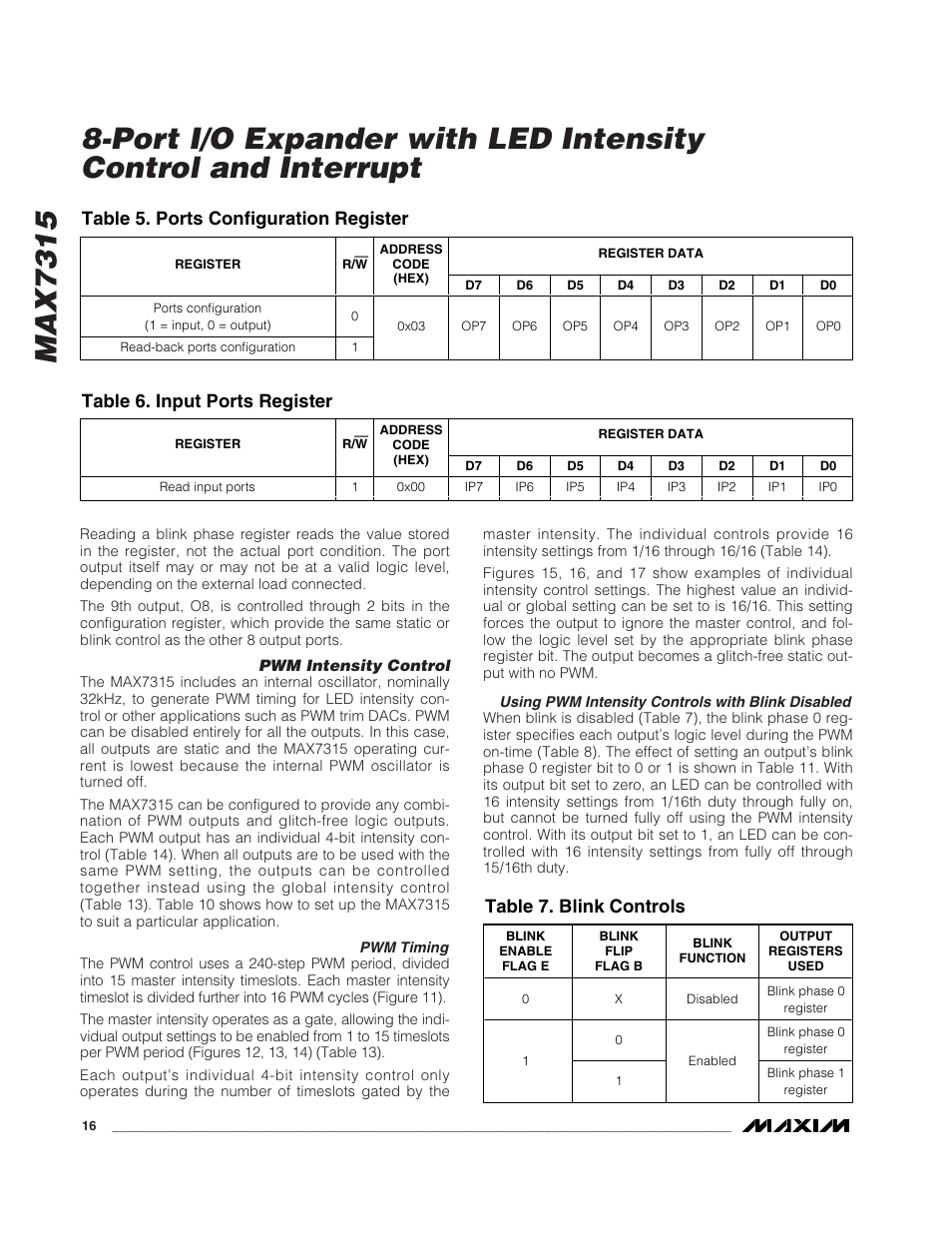 Max7315, Table 5. ports configuration register, Table 6. input ports register | Table 7. blink controls | Rainbow Electronics MAX7315 User Manual | Page 16 / 27