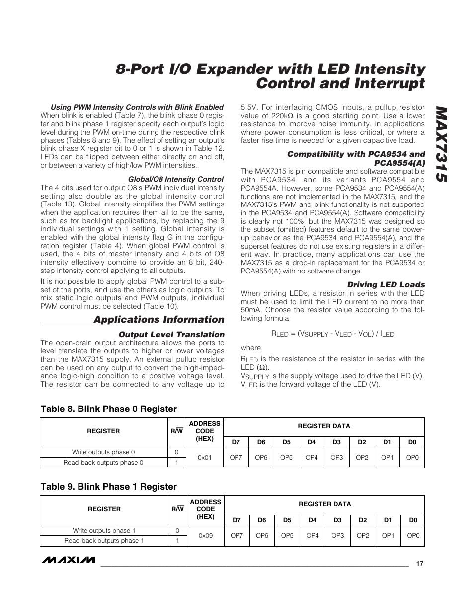 Applications information, Table 8. blink phase 0 register, Table 9. blink phase 1 register | Rainbow Electronics MAX7315 User Manual | Page 17 / 27