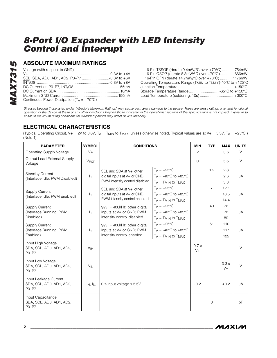 Absolute maximum ratings, Electrical characteristics | Rainbow Electronics MAX7315 User Manual | Page 2 / 27