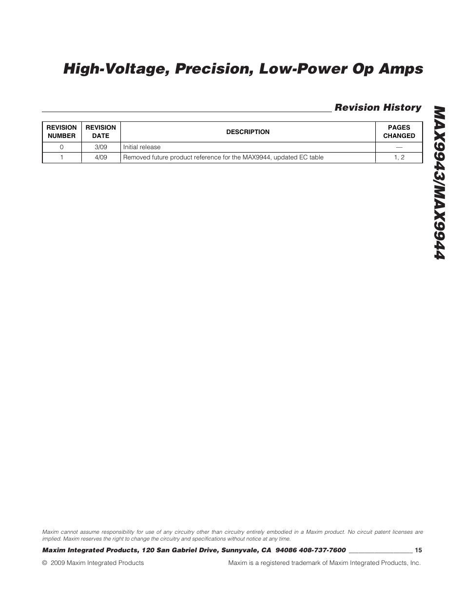 Revision history | Rainbow Electronics MAX9944 User Manual | Page 15 / 15