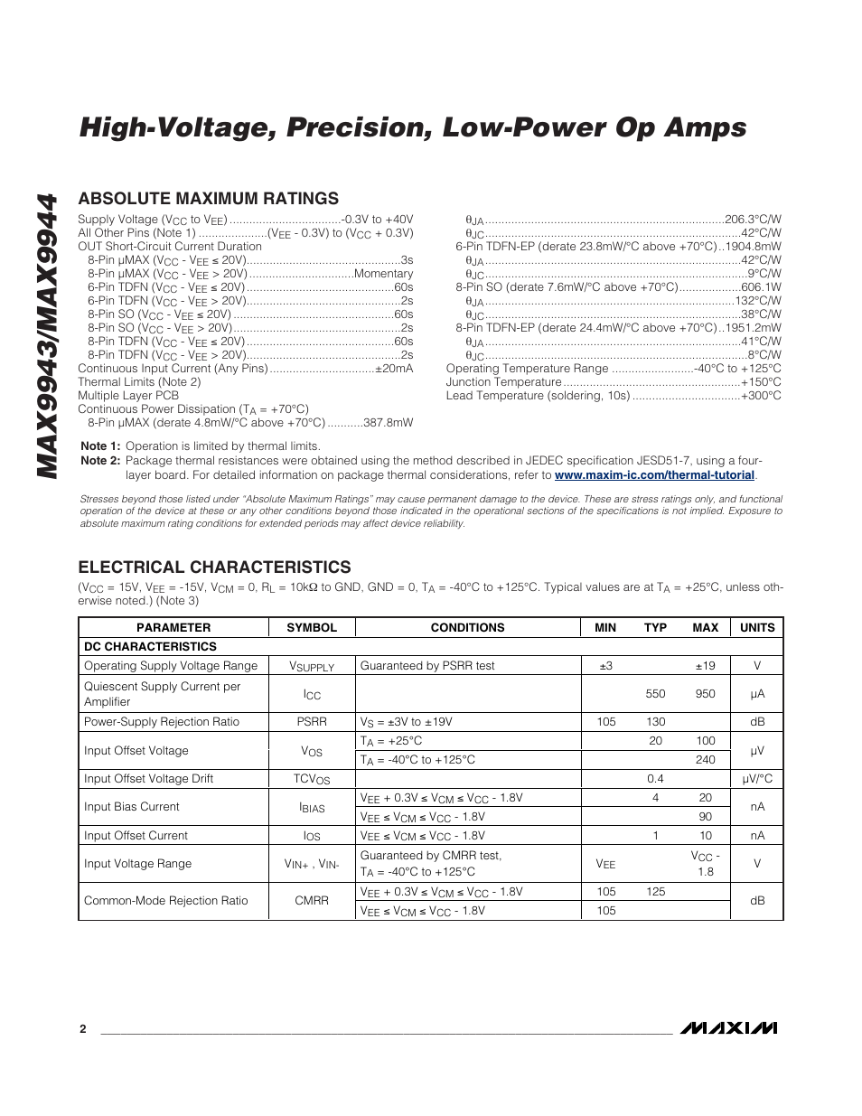 Absolute maximum ratings, Electrical characteristics | Rainbow Electronics MAX9944 User Manual | Page 2 / 15