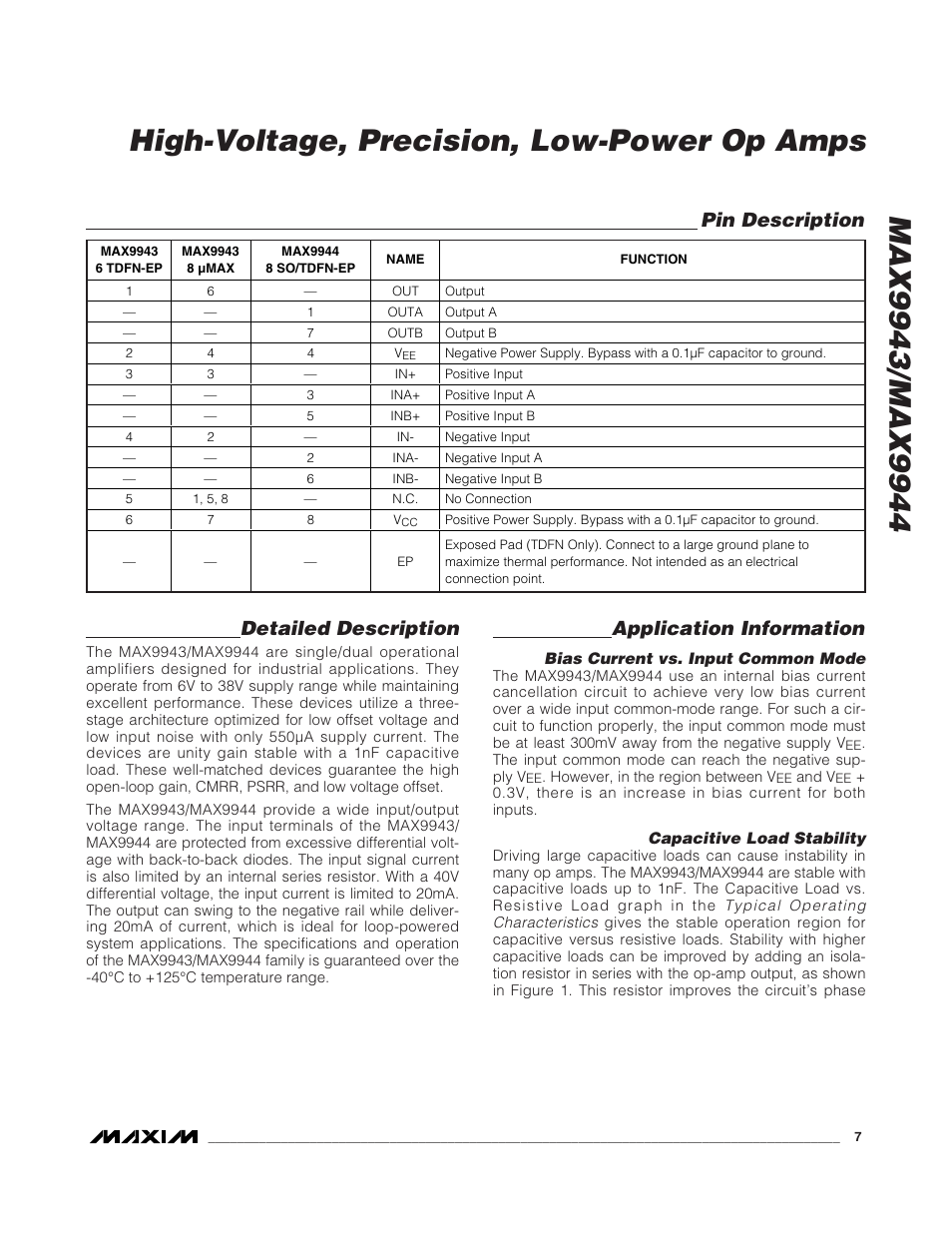 Detailed description, Application information, Pin description | Rainbow Electronics MAX9944 User Manual | Page 7 / 15