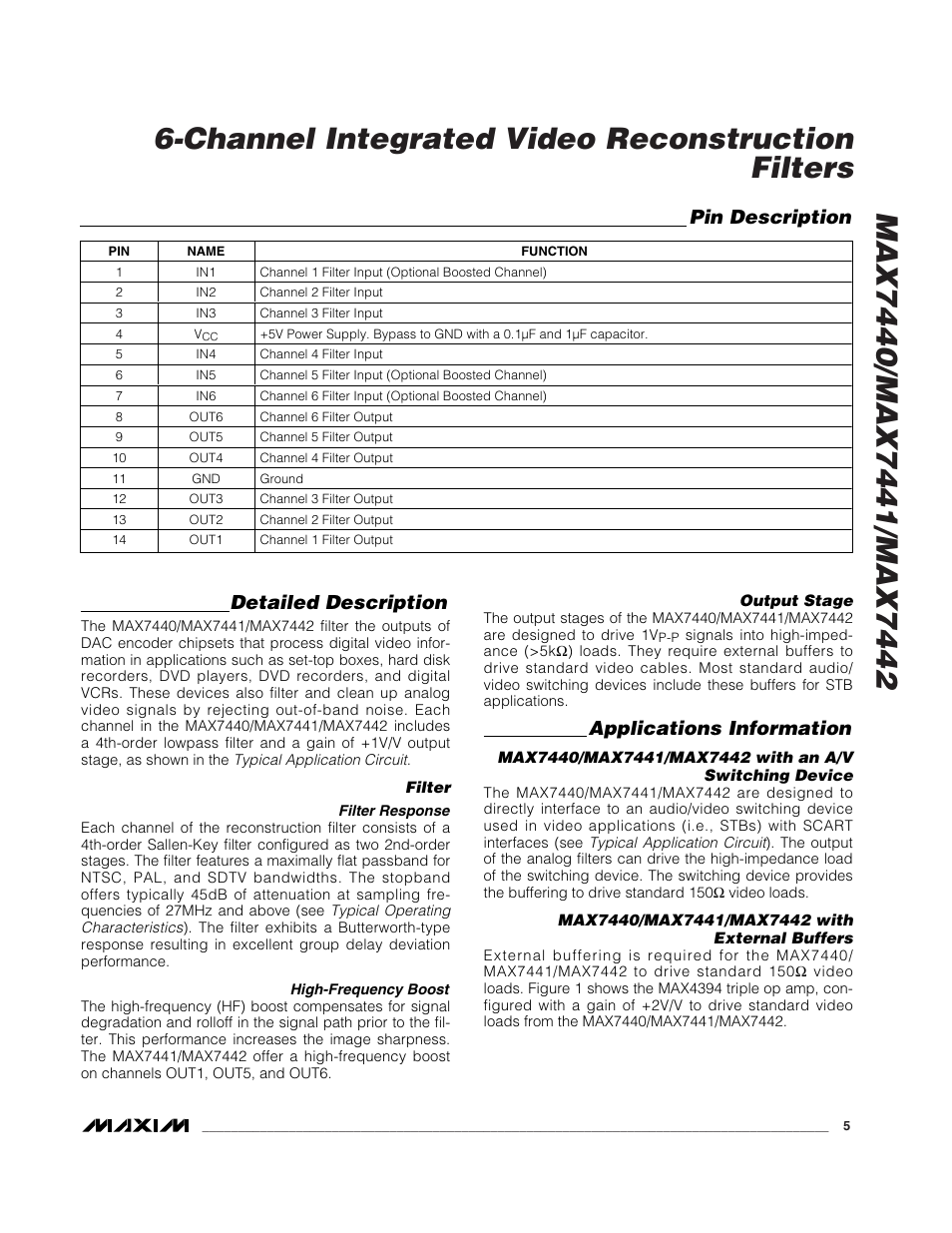 Pin description, Detailed description, Applications information | Rainbow Electronics MAX7442 User Manual | Page 5 / 7