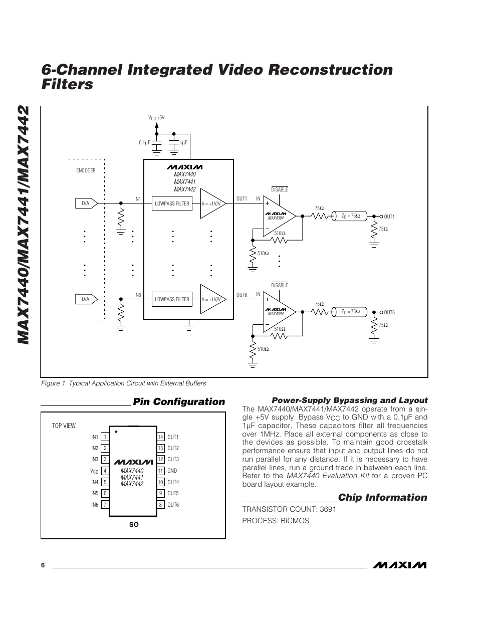 Channel integrated video reconstruction filters, Chip information, Pin configuration | Power-supply bypassing and layout | Rainbow Electronics MAX7442 User Manual | Page 6 / 7