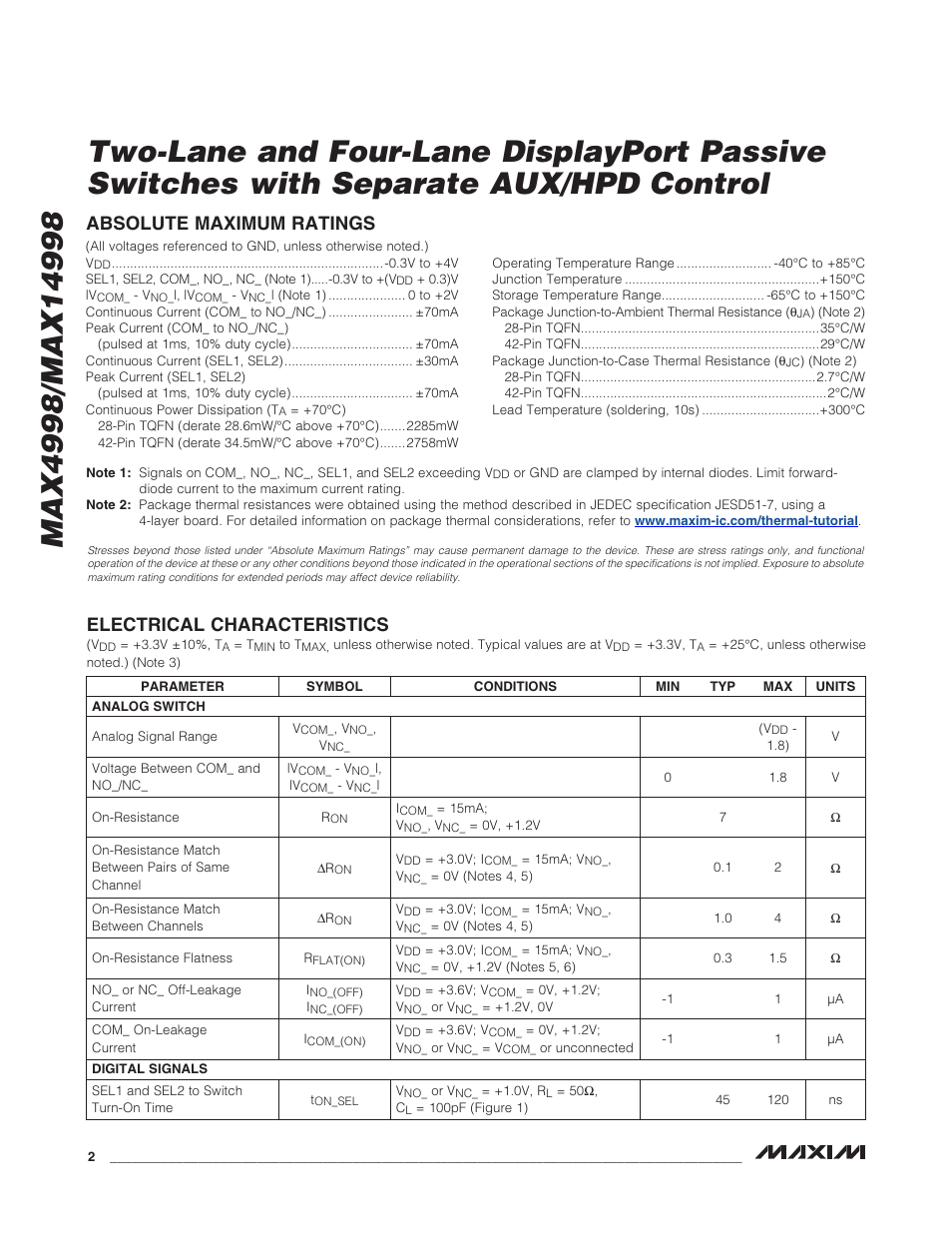 Electrical characteristics, Absolute maximum ratings | Rainbow Electronics MAX14998 User Manual | Page 2 / 10